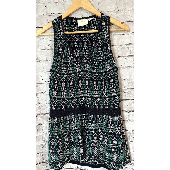 Maeve Anthropologie Navy Blue Tank Top Tunic Embroidered Green Size XS - Picture 1 of 6